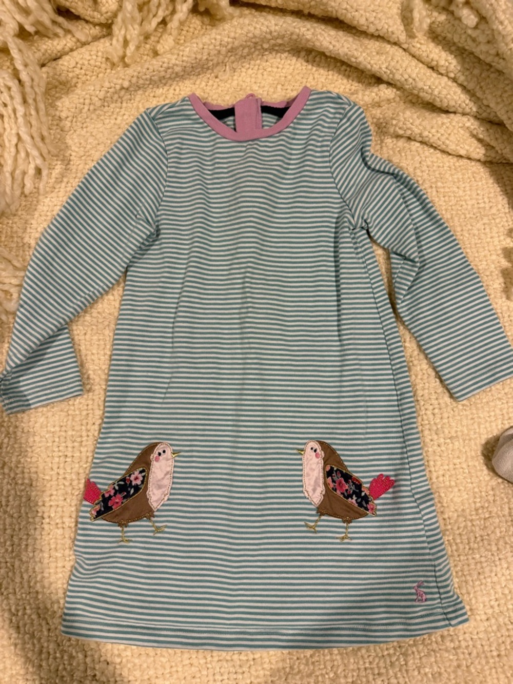 Joules 5 y Girls' Teal Stripe Bird-Applique Long-Sleeve Dress